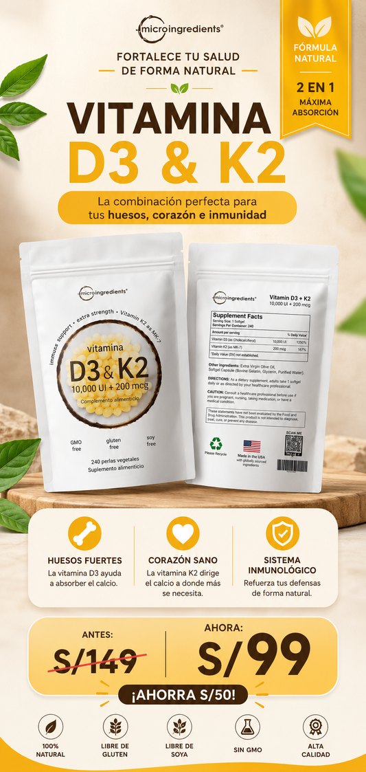 Vitamina D3 + K2 - Cápsulas de Fortalecimiento Óseo y Articular de 5000 IU D3 + 100 MCG K2